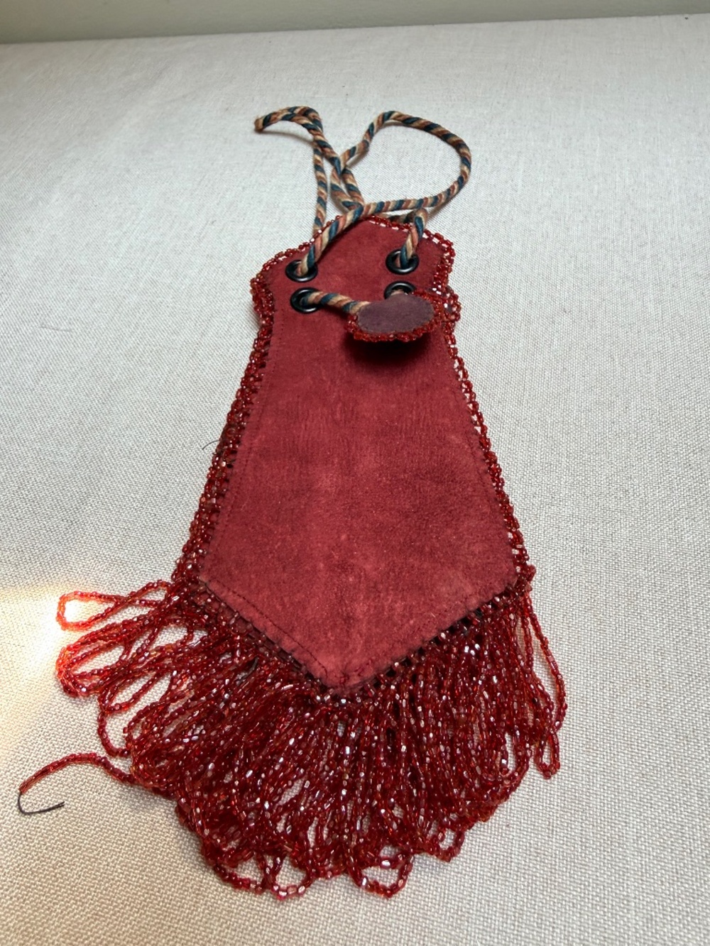 Red Suede Beaded Amulet Pouch Handbag Purse